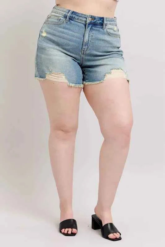 Judy Blue Plus Size High Rise Washed Fly Stitch Detail and Destroy Denim Shorts