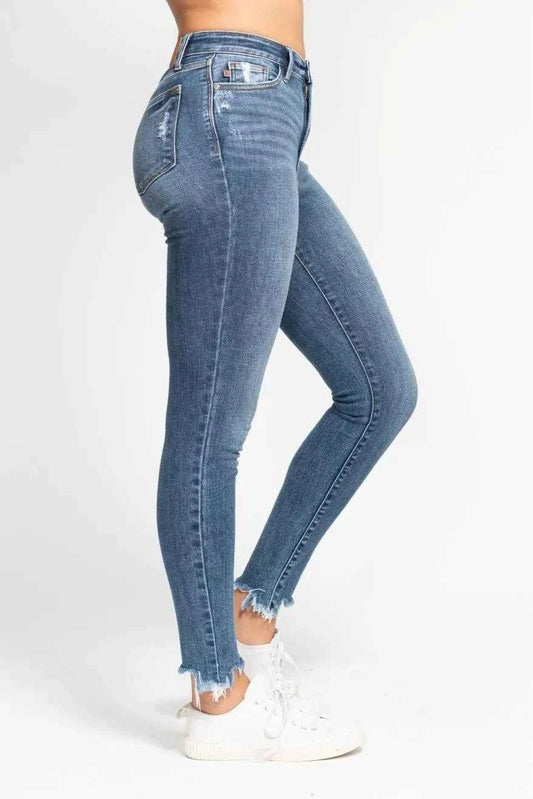 Judy Blue High Waist Skinny Jeans with Destroy & Shark Bit Hem