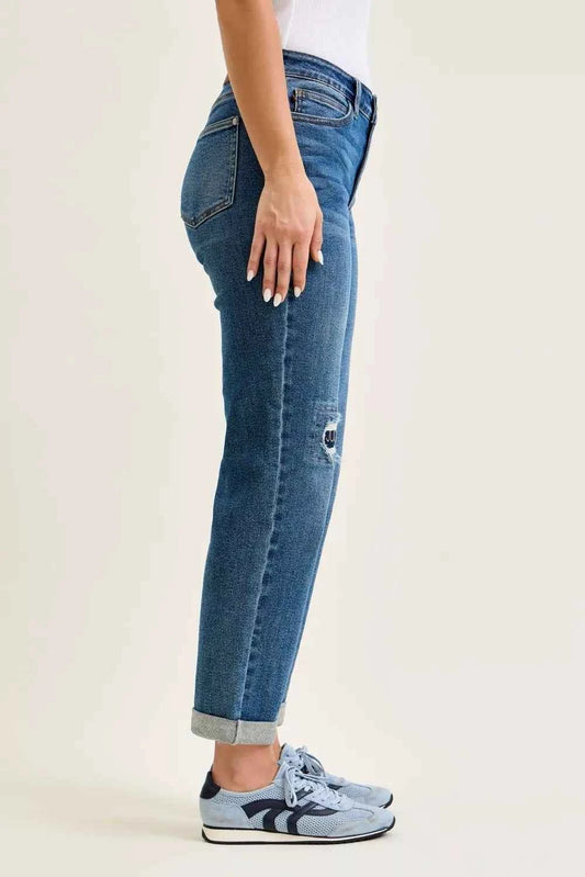 Judy Blue Mid Rise Boyfriend Embroidered Repair Patch Jeans