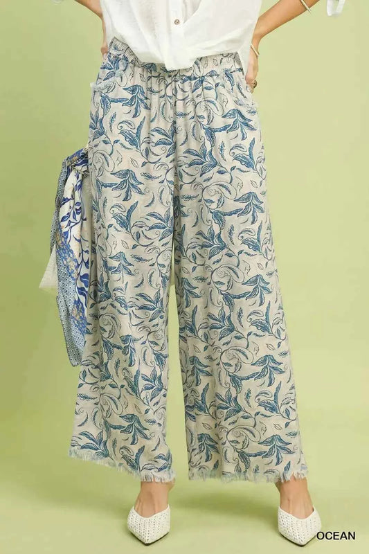 Umgee Linen Printed Wide Leg Raw Hem Pants