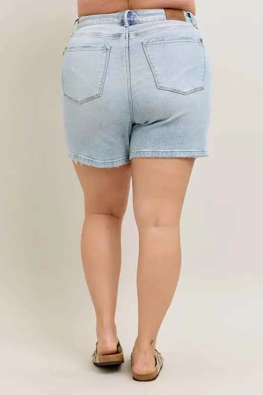 Judy Blue Full Size Frayed Hem High Rise Denim Shorts with Pockets Plus Size