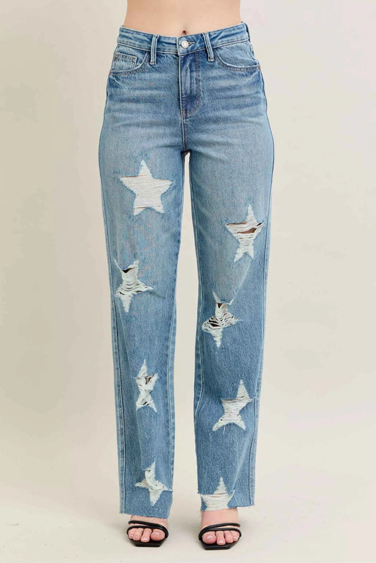 Judy Blue Full Size High Waist  Rigid Magic Star Shaped Destroy 90's Straight Jeans Plus Size