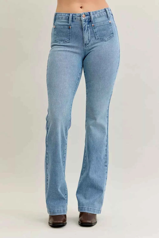 Judy Blue Full Size Mid Rise Bootcut Jeans with Contrast Wash & Front Patch Pockets Plus Size