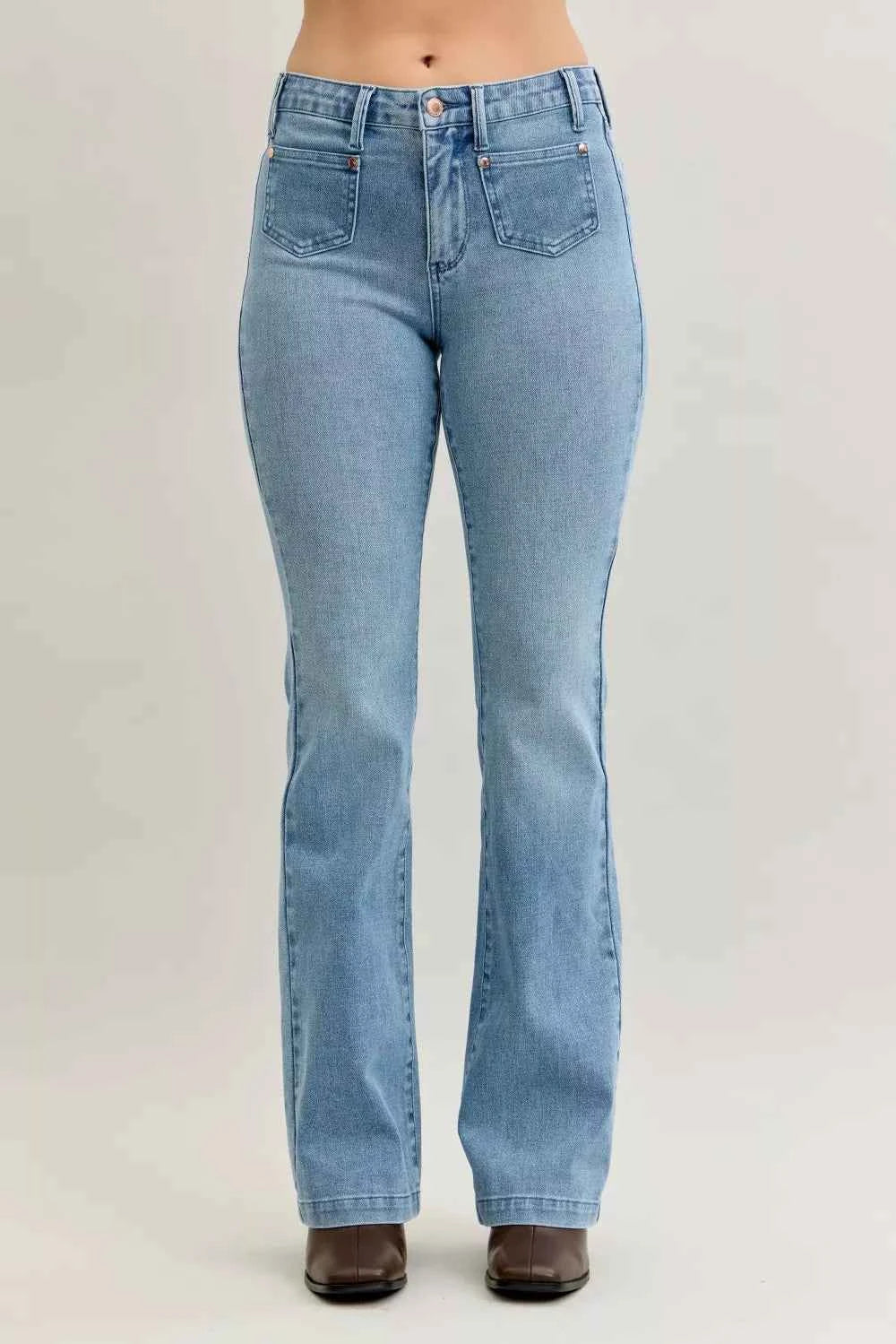 Judy Blue Full Size Mid Rise Bootcut Jeans with Contrast Wash & Front Patch Pockets Plus Size