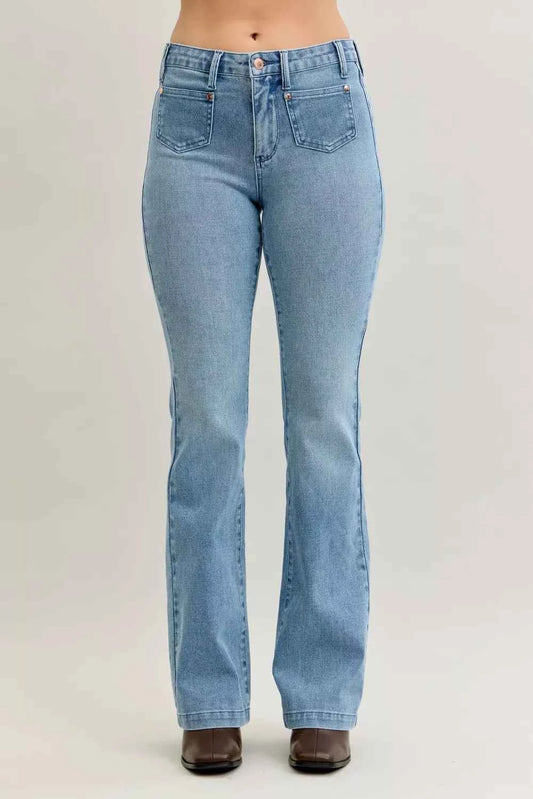 Judy Blue Full Size Mid Rise Bootcut Jeans with Contrast Wash & Front Patch Pockets Plus Size