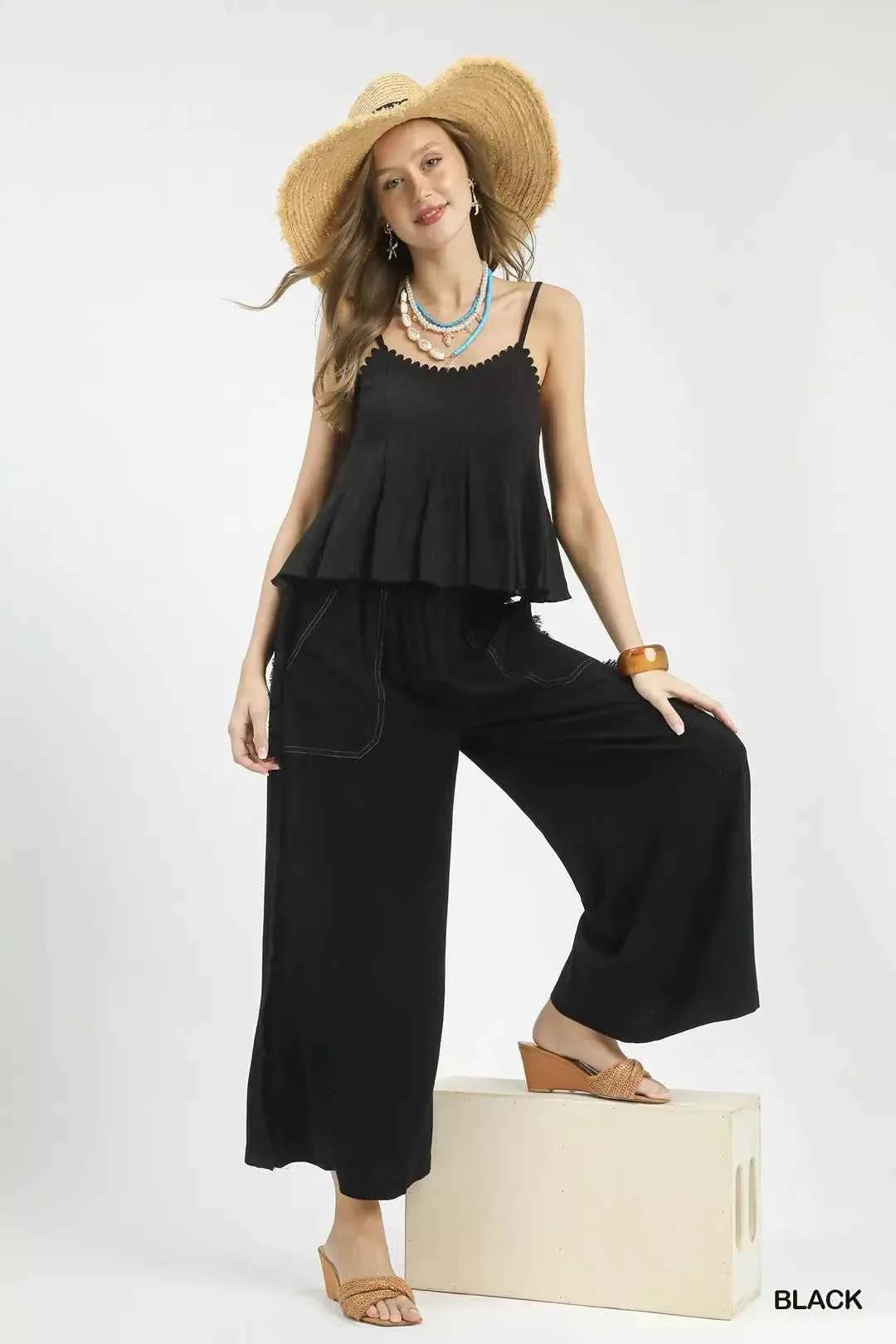Linen Frayed Side Pocket Wide Leg Pants