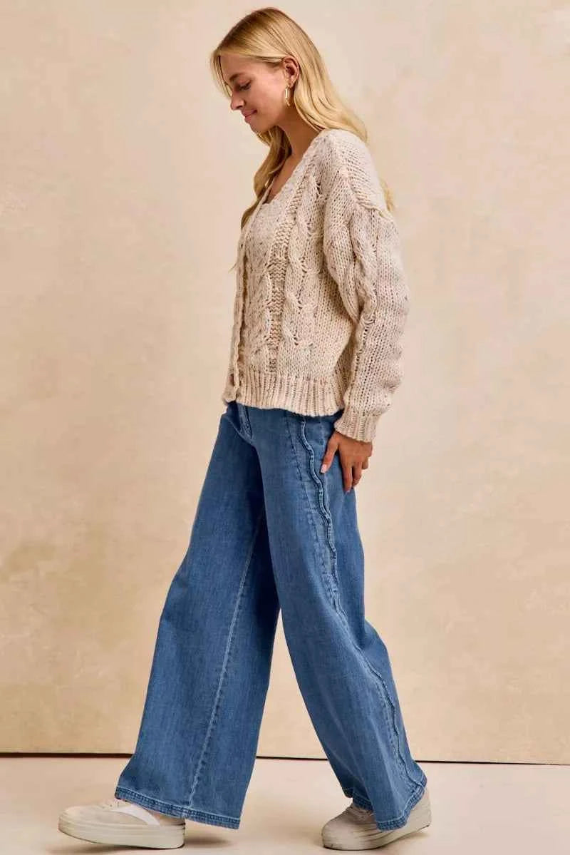 BiBi Wavy Side Edge Detail Lined Wide Leg Jeans
