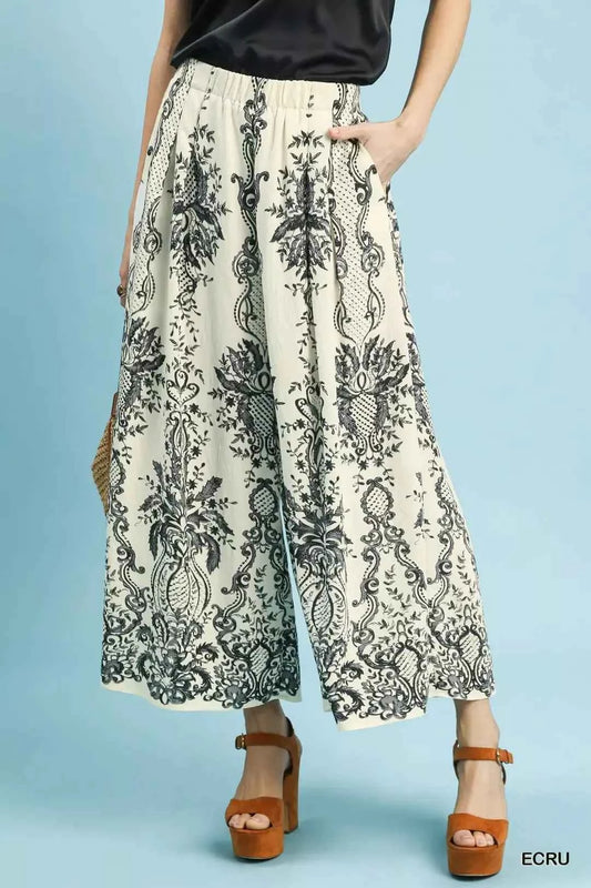 Umgee Border Print Wide Leg Pants