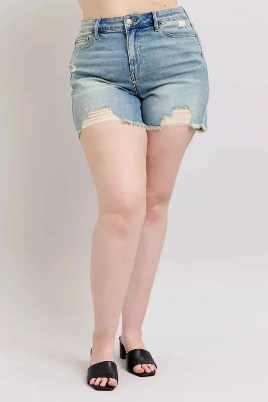 Judy Blue Plus Size High Rise Washed Fly Stitch Detail and Destroy Denim Shorts