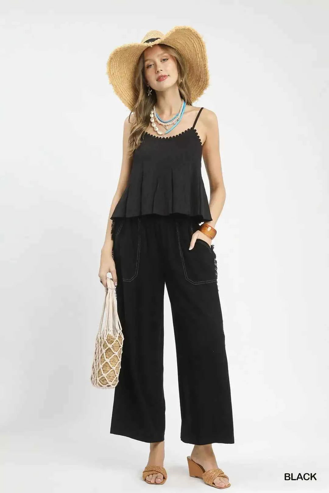 Linen Frayed Side Pocket Wide Leg Pants
