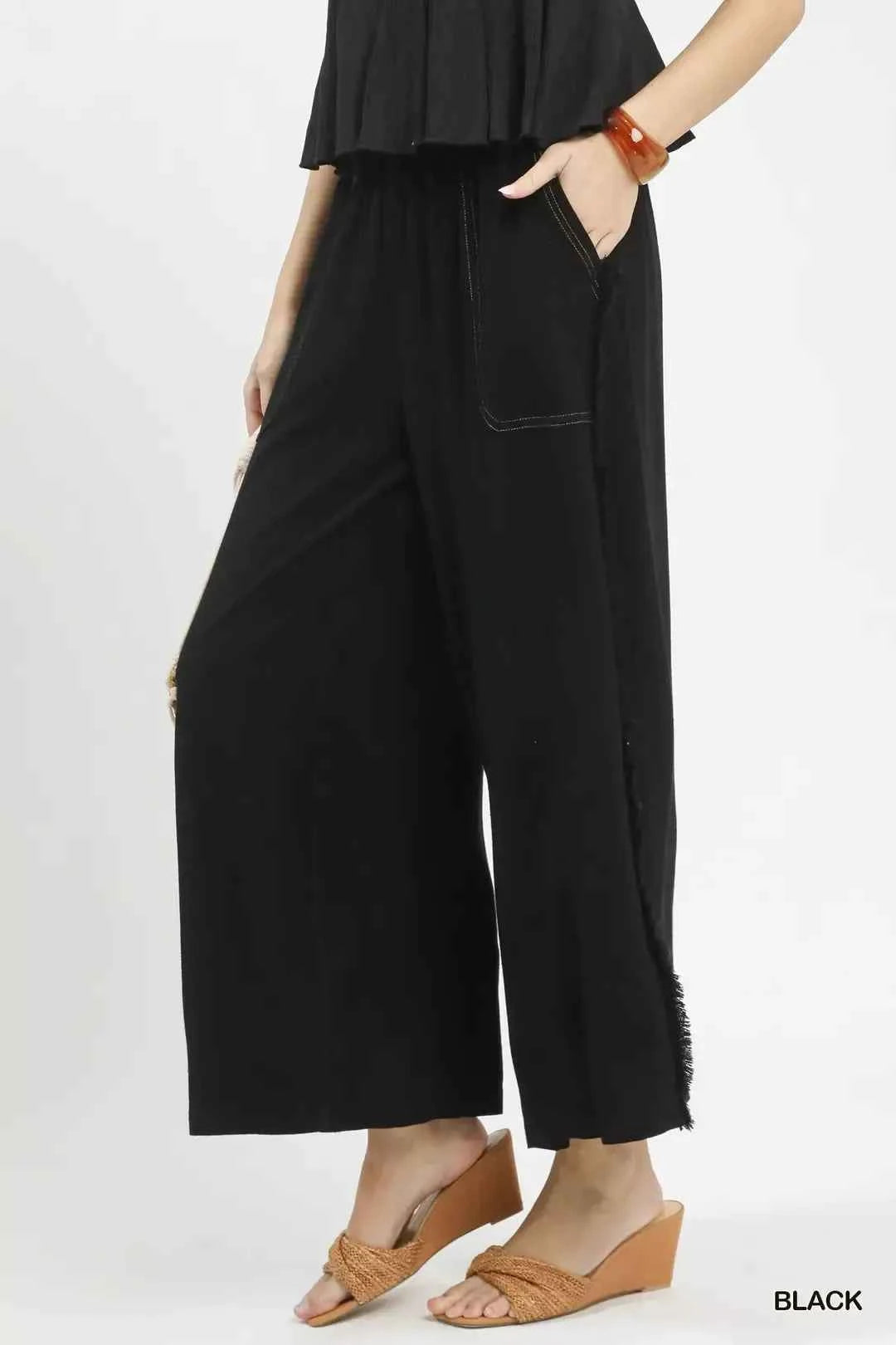 Linen Frayed Side Pocket Wide Leg Pants
