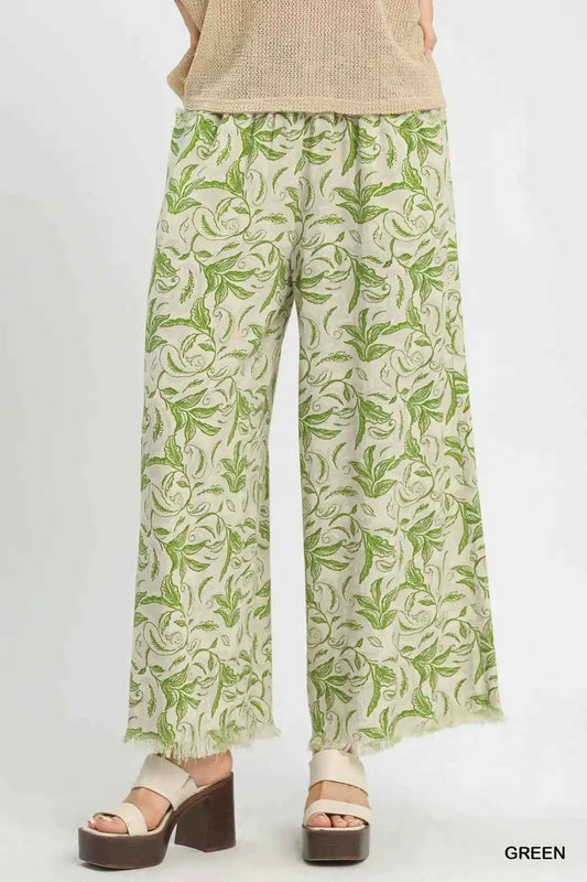 Umgee Linen Printed Wide Leg Raw Hem Pants