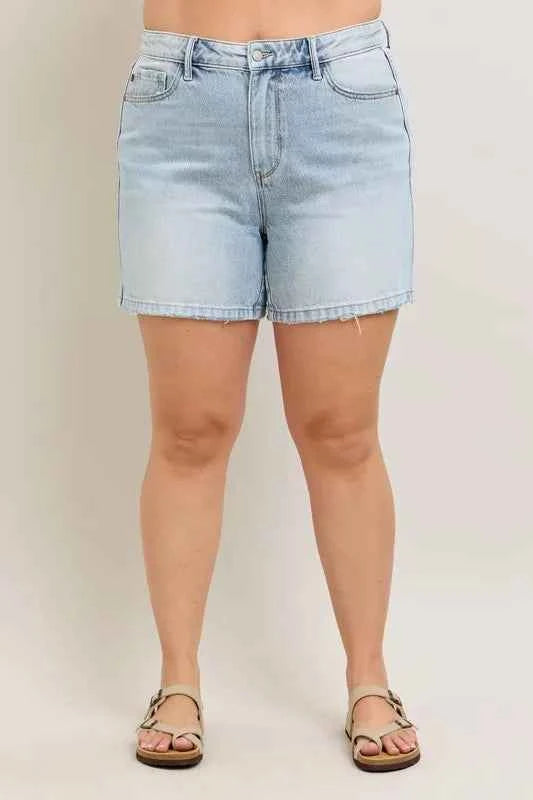 Judy Blue Full Size Frayed Hem High Rise Denim Shorts with Pockets Plus Size