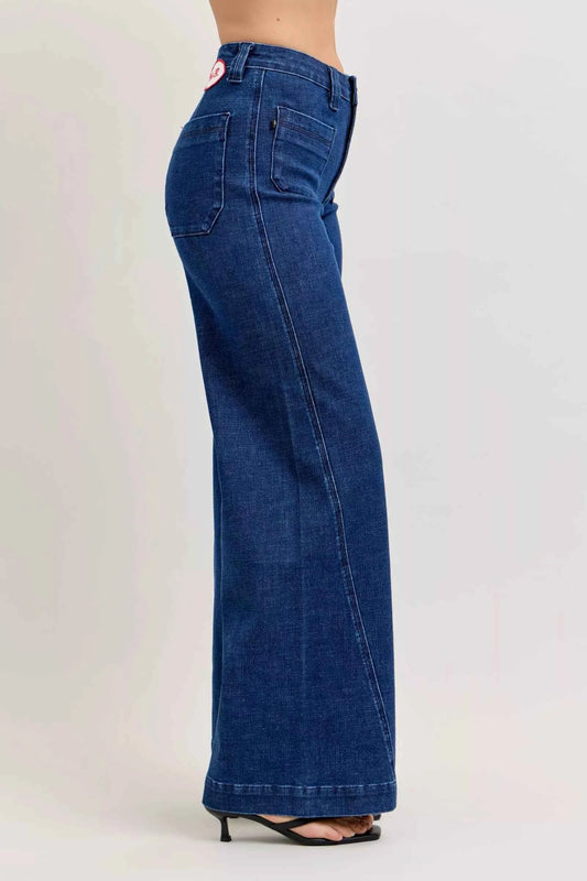 Judy Blue High-Waisted Retro Wide Jeans with Patch Pkts & Twisted Seams