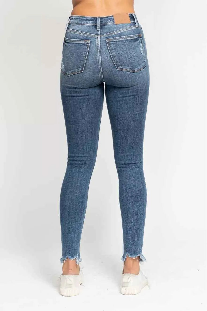 Judy Blue High Waist Skinny Jeans with Destroy & Shark Bit Hem