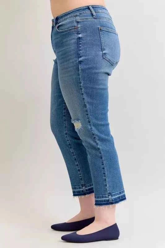 Judy Blue Full Size Mid Rise Bf Patch & Repair Destroy Release Hem Jeans Plus Size