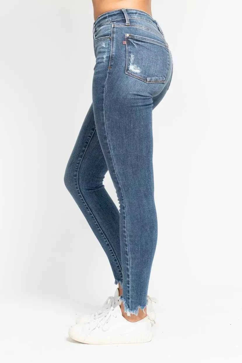 Judy Blue High Waist Skinny Jeans with Destroy & Shark Bit Hem