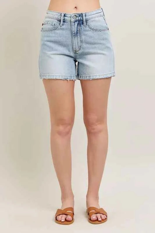Judy Blue Full Size Frayed Hem High Rise Denim Shorts with Pockets Plus Size