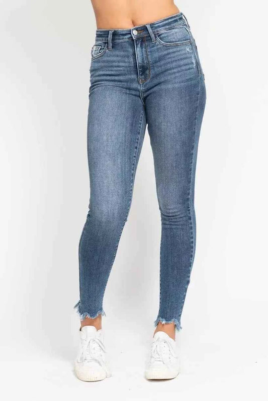 Judy Blue High Waist Skinny Jeans with Destroy & Shark Bit Hem