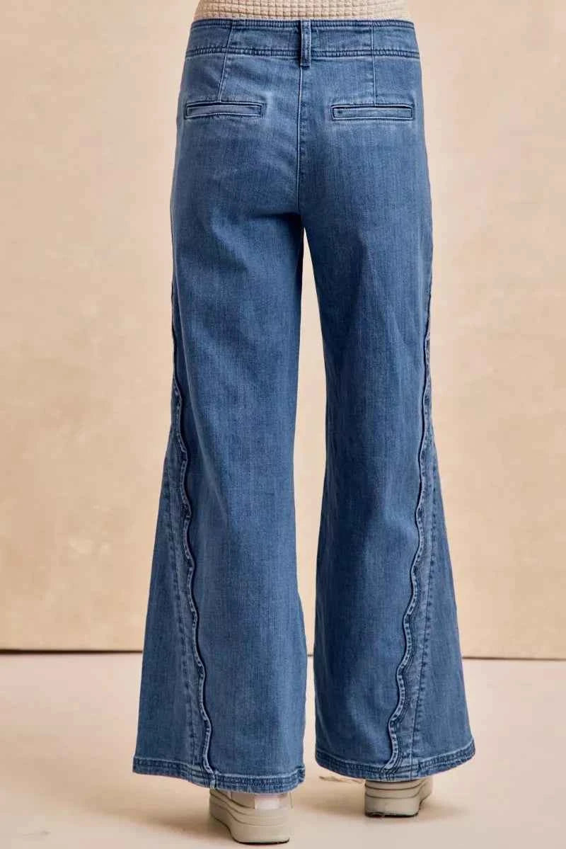 BiBi Wavy Side Edge Detail Lined Wide Leg Jeans
