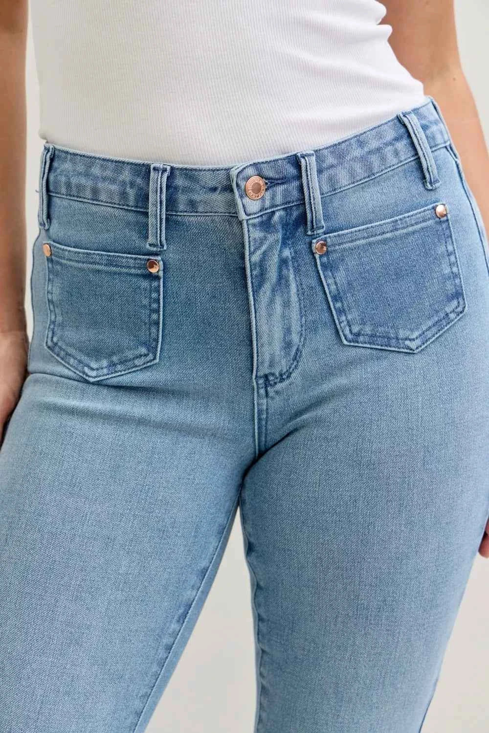 Judy Blue Full Size Mid Rise Bootcut Jeans with Contrast Wash & Front Patch Pockets Plus Size