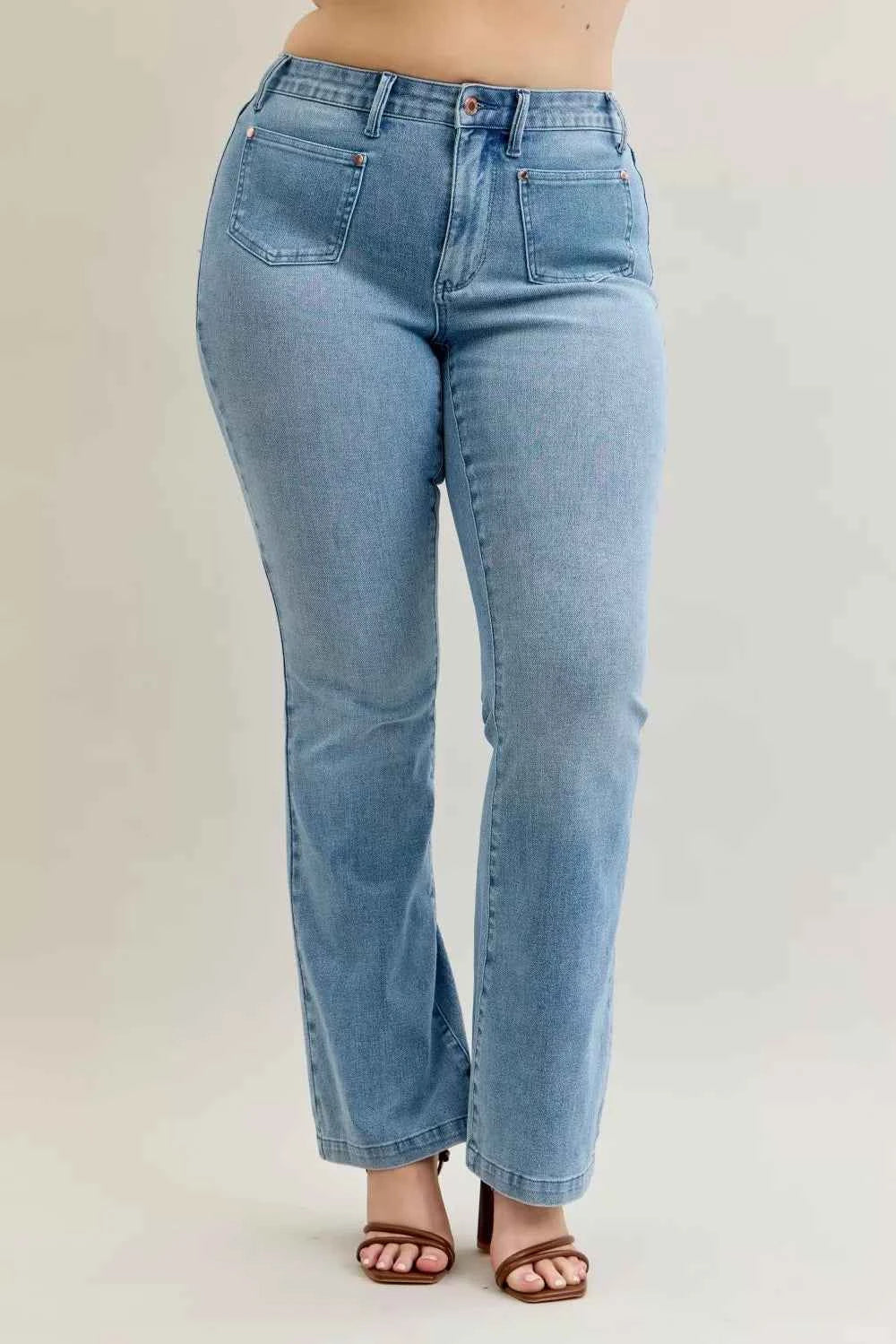 Judy Blue Full Size Mid Rise Bootcut Jeans with Contrast Wash & Front Patch Pockets Plus Size