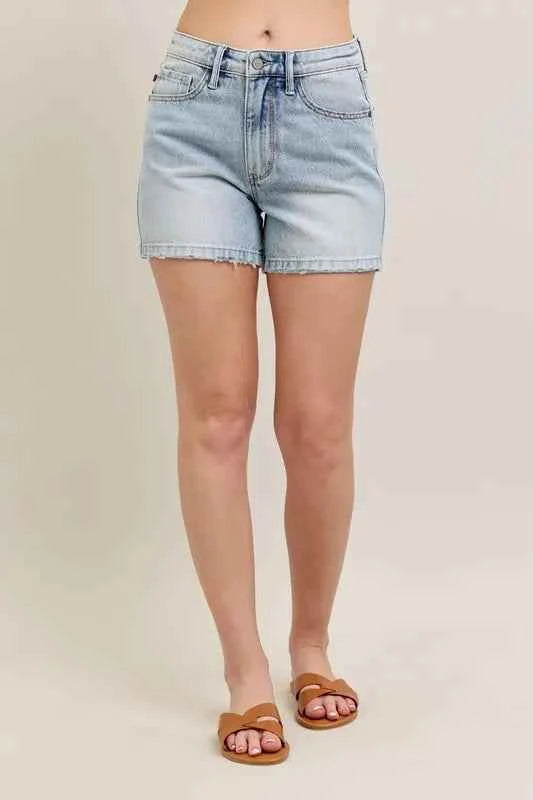 Judy Blue Full Size Frayed Hem High Rise Denim Shorts with Pockets Plus Size