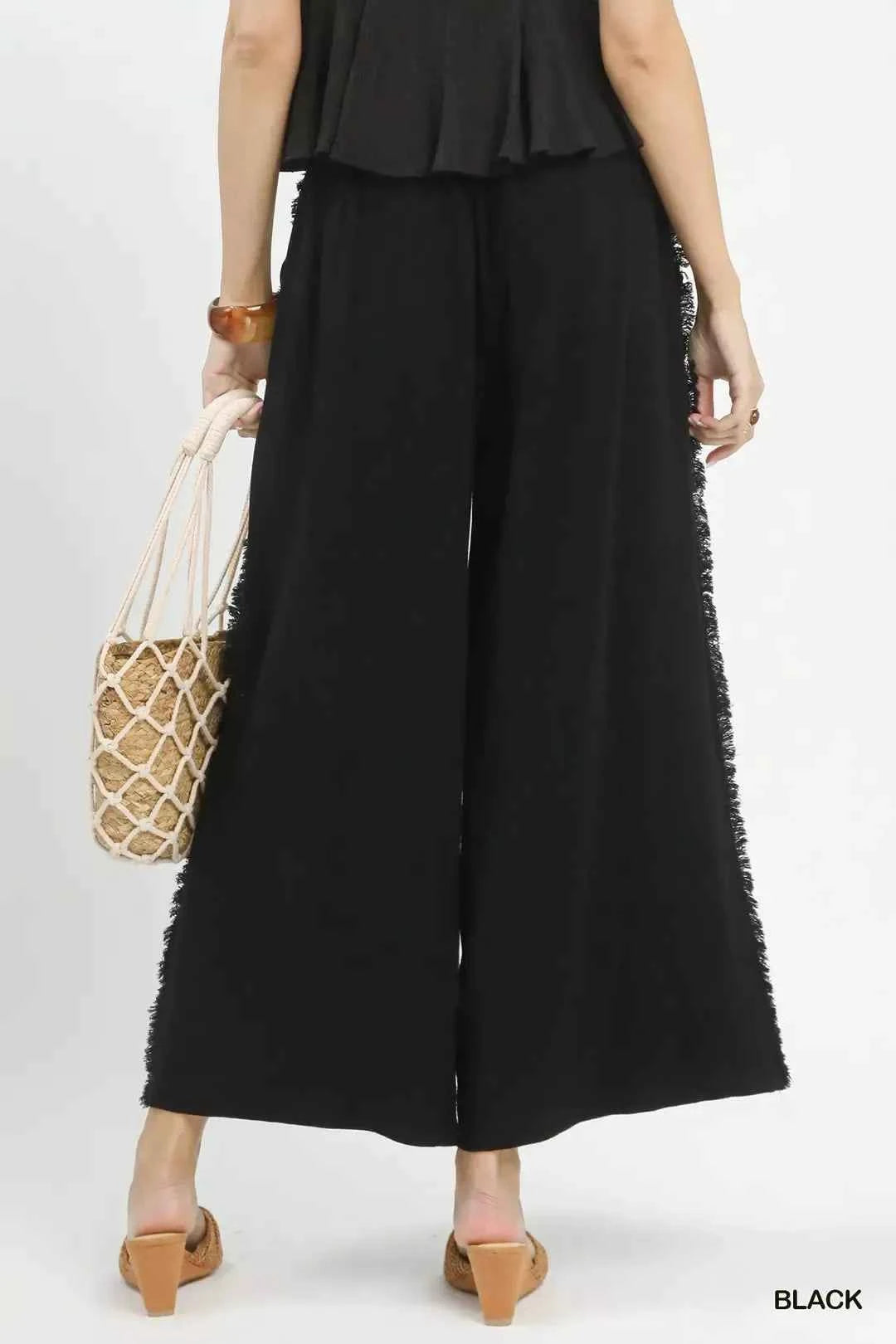 Linen Frayed Side Pocket Wide Leg Pants